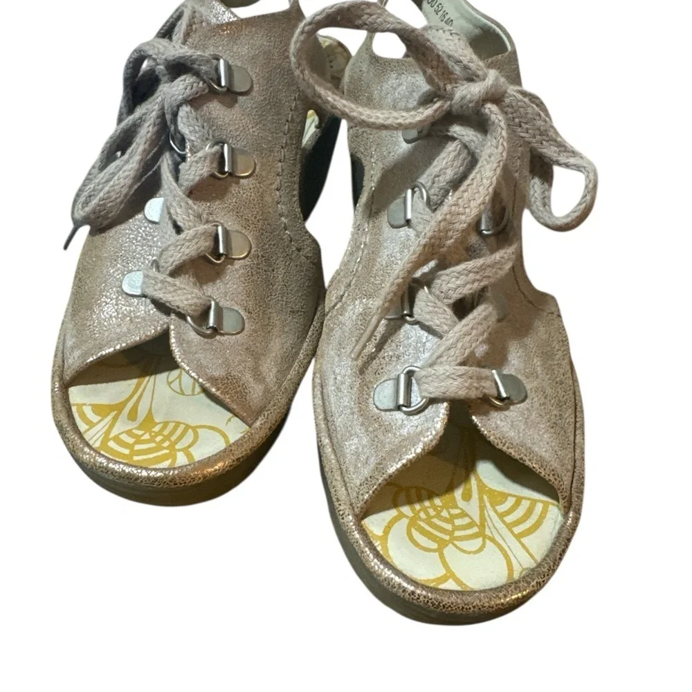 Fly London Lace-up Metallic Leather Wedge Peep Toe Sandals Gold Rose Sz 40